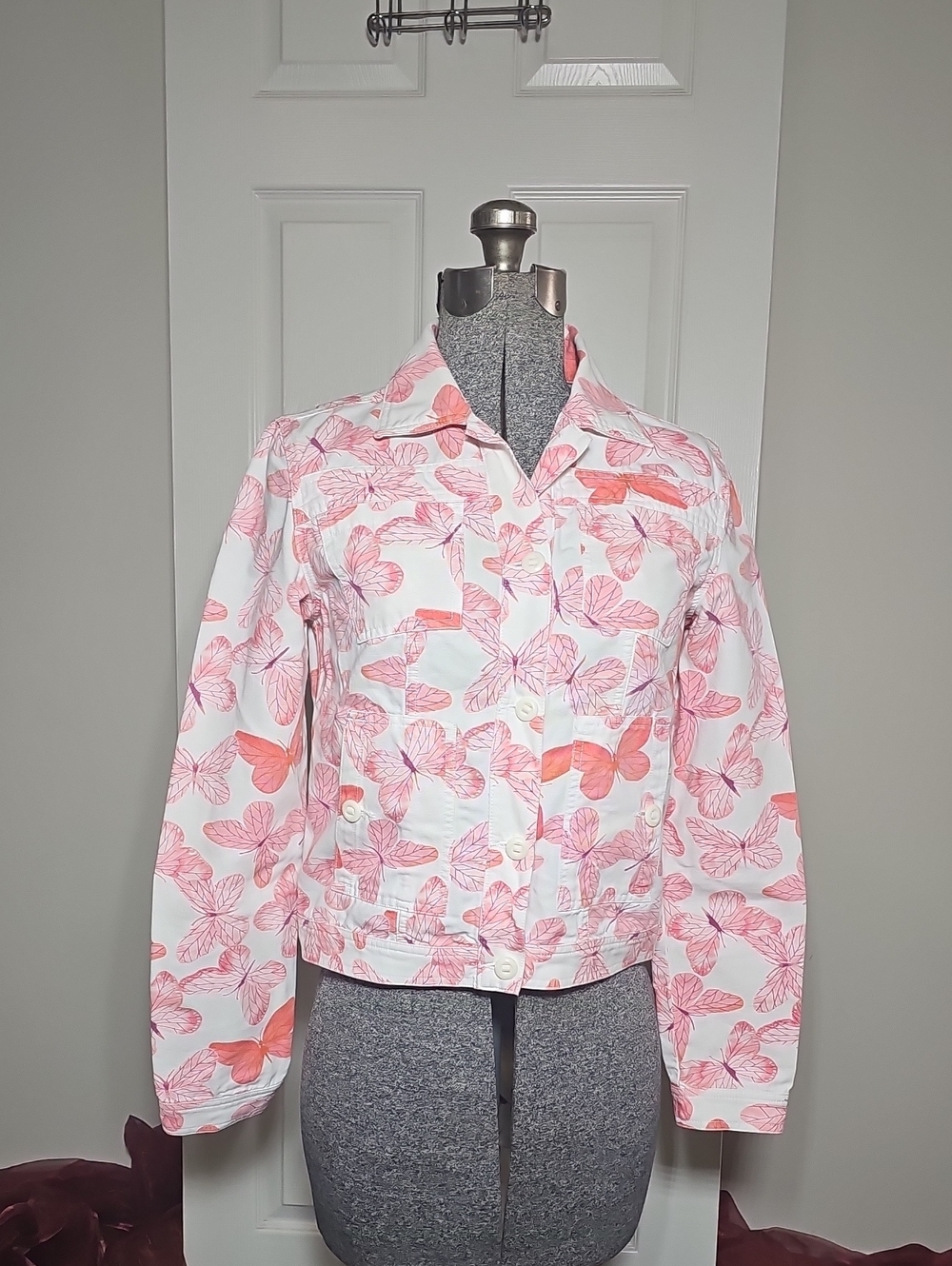 Liz Claiborne 100% Cotton Denim Pink White Butterfly Jacket Spring Size S